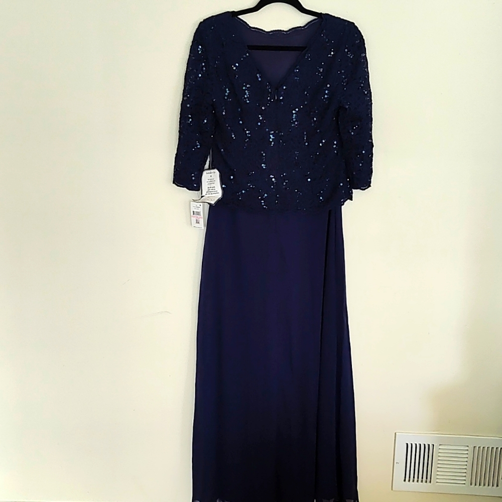NWT Alex Evenings Navy Blue Sequin Evening Gown